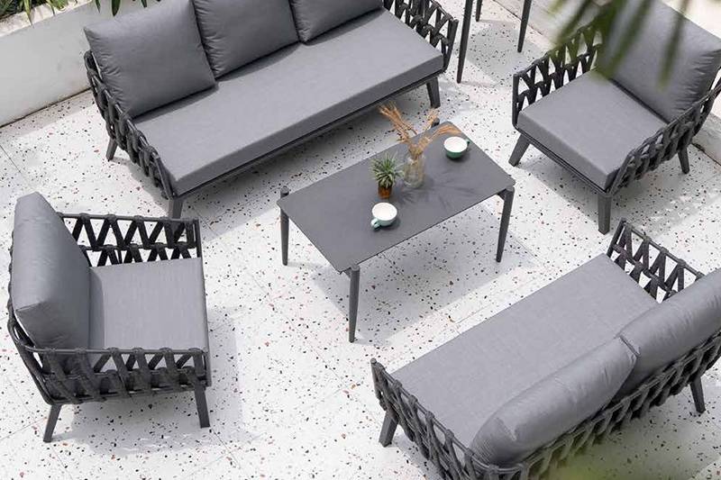 Patio Sofa Set with Woven Rope and Aluminum Frame Coffee Table with Tempered Glass