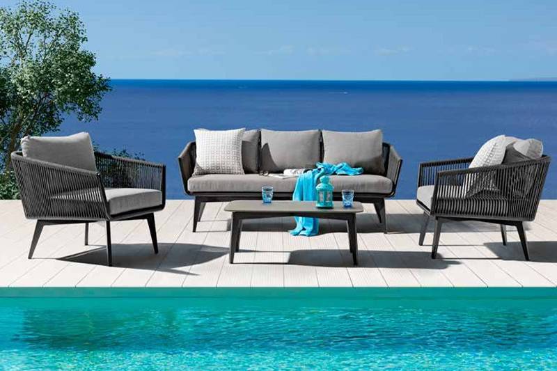 Garden Aluminum Sofa Set with Olefin Rope and Tempered Ceramic Glass Table