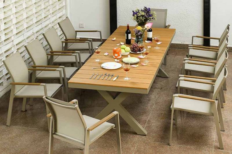 Aluminum outdoor furniture 10 seater backrest and armrest iron dining table and chair set