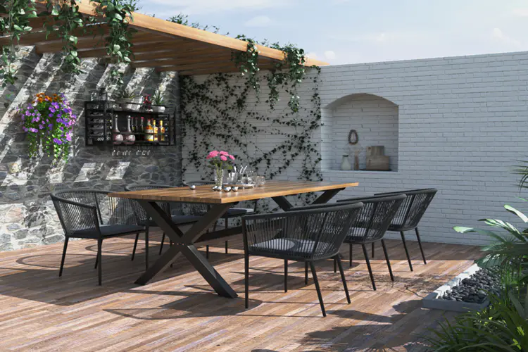 Outdoor Aluminium Dining Tables and Chairs with Wood Color Table